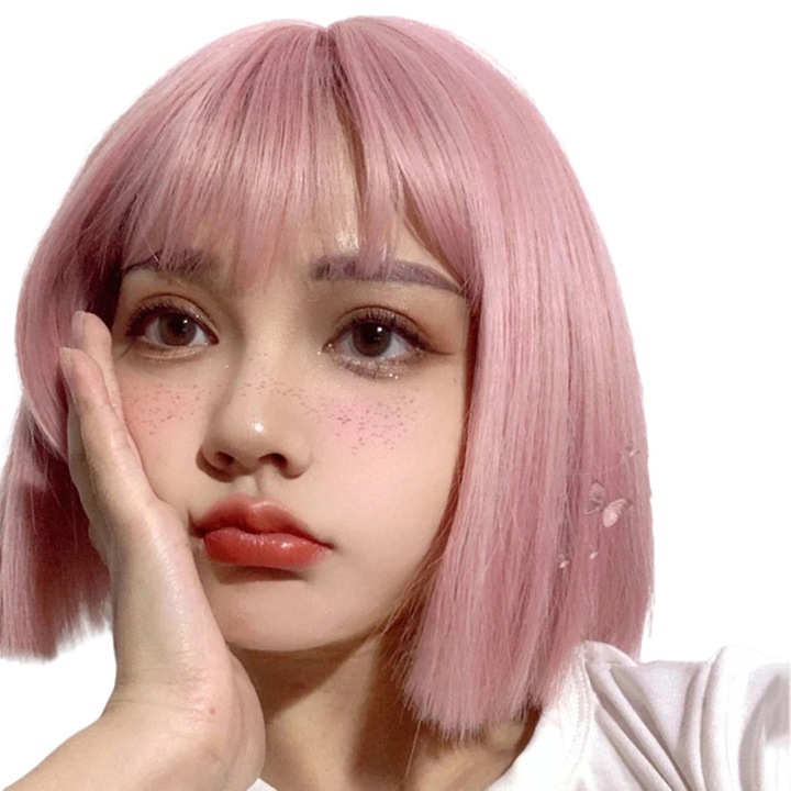 Peruca sintetica scurta bob 30cm, roz deschis, fire rezistente la caldura, pentru cosplay