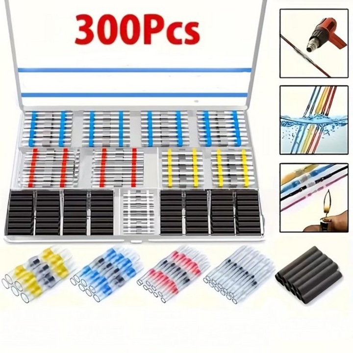 Set 300 conectori SkyTechs® sarma pentru lipit la caldura, conectori cap la cap cu termocontractare, terminale electrice, izolati pentru imbinarea cablurilor fara lipire utilizare moto, auto, barca
