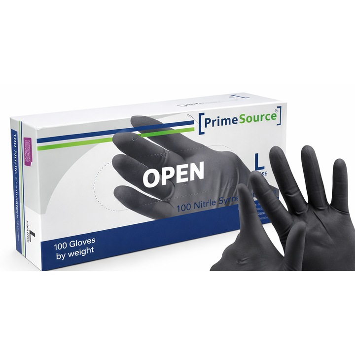 Manusi de unica folosinta din nitril negre nepudrate Prime Source – 100 buc/cutie, rezistente, fara latex, uz profesional & casnic