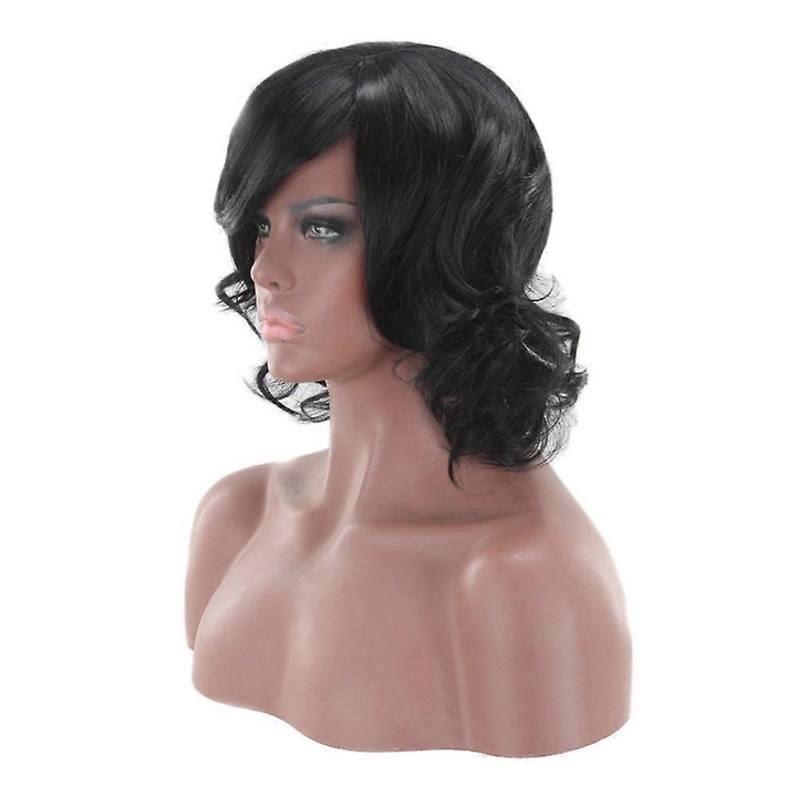 Peruca femei, neagra, scurta, ondulata, din fibra de temperatura inalta, 34cm