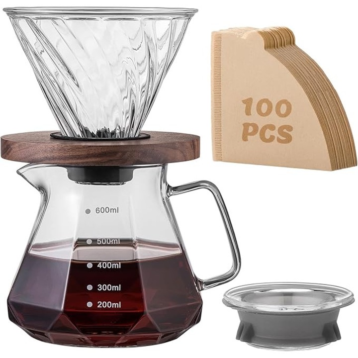 Kávékészítő szett, 600ml, üveg tartóval, diófa fogantyúval és 100 szűrővel