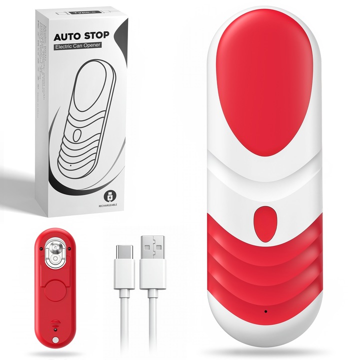 Deschizator electric de conserve UWOT, K01D, 180 × 61 × 38 mm, Rosu si alb, sigur si portabil, deschide usor conservele, port de incarcare USB-C, usor de depozitat si transportat, potrivit pentru uzul zilnic in gospodarie