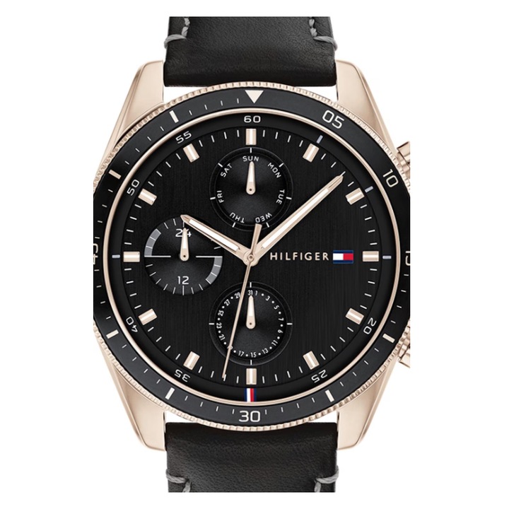 Tommy Hilfigar, 1791836 Ceas cu o curea de piele si functii multiple, Exceptional si la moda Negru/Auriu