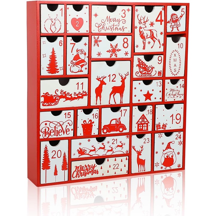 Calendar de Advent din lemn rosu cu 24 de sertare, decoratiune de Craciun, 30.9x41.9x7.9cm