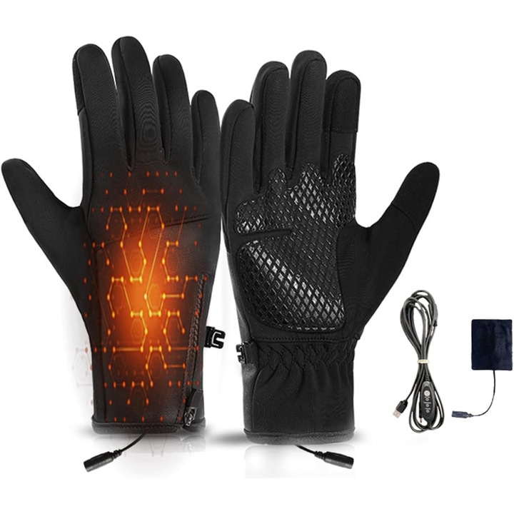 Manusi incalzite unisex, 3 niveluri de incalzire, impermeabile, antivant, cu captuseala din lana, pentru drumetii, ciclism si condus