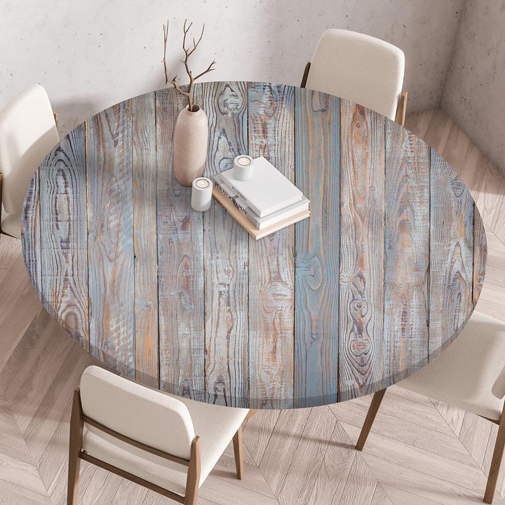 Fata de masa rotunda, 3D, design graffiti albastru, margini elastice, 110 cm, reutilizabila, pentru interior si exterior