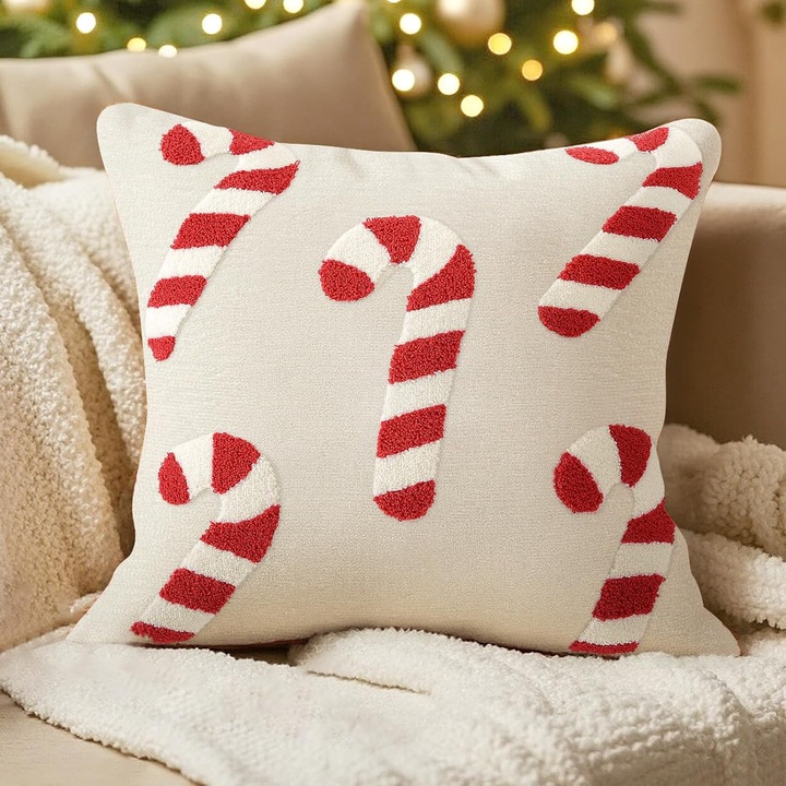 Huse de perne de Craciun, 45x45cm, 3D, rosu si alb, set de 2 bucati