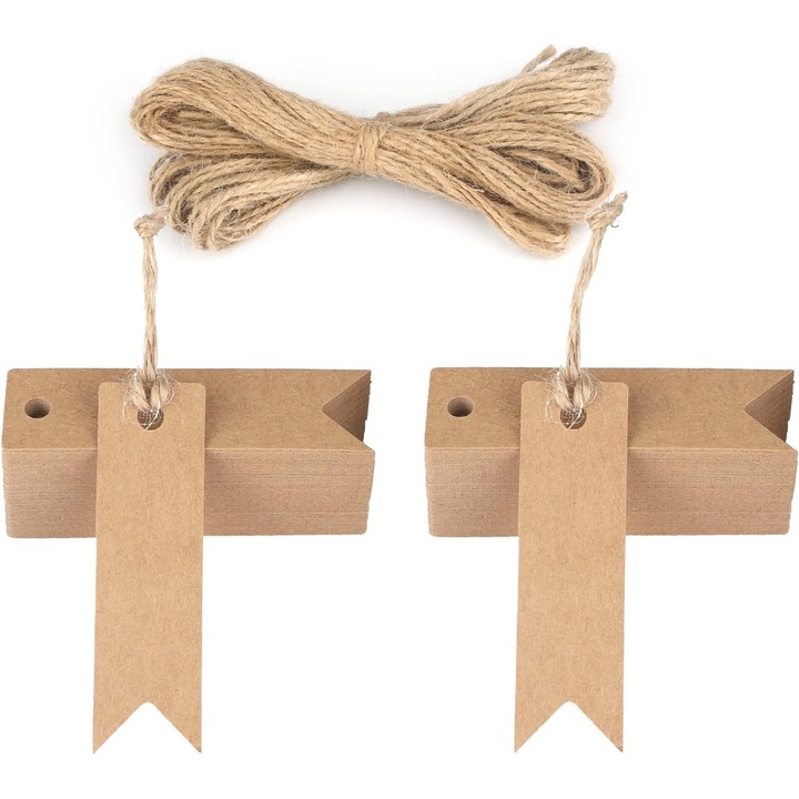 Set de 200 etichete din hartie kraft, 7x2cm, cu sfoara din iuta, pentru cadouri, nunti, Craciun, zile de nastere.