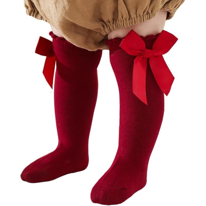 Sosete lungi pentru bebelusi, cu volane si fundite, multicolor, set de 3 perechi