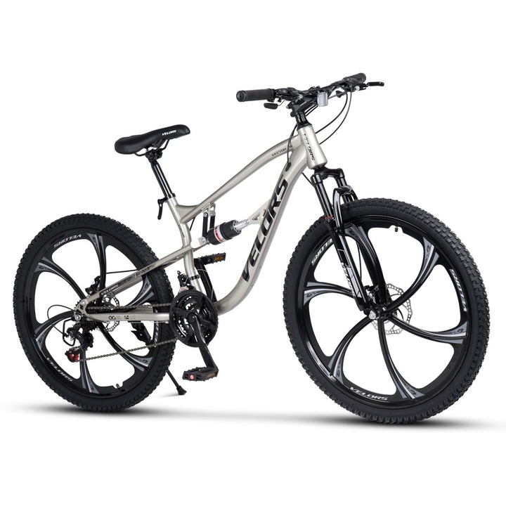 Bicicleta Mtb de munte Velors Vector JSX2670, cadru cu cabluri integrate, echipare Shimano, suspensie fata, roata 26 inch din magneziu, frana disc fata/spate, 21 viteze, argintiu/negru