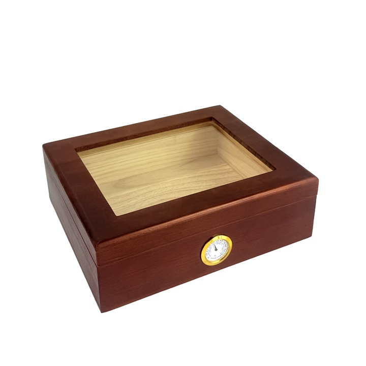 Humidor pentru trabucuri, cu capac din sticla, umidificator, higrometru, divizoare, maro