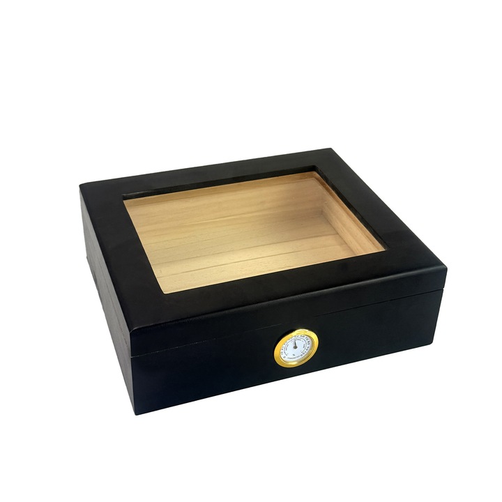 Humidor pentru trabucuri, capac din sticla, lemn de cedru, umidificator, higrometru, divizoare, negru