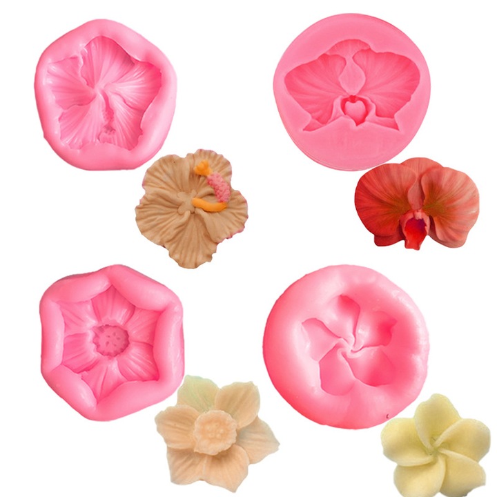 Set 4 forme prajituri hibiscus din silicon, pentru bomboane gumoase, ciocolata, deserturi, decorare cupcakes, multicolor