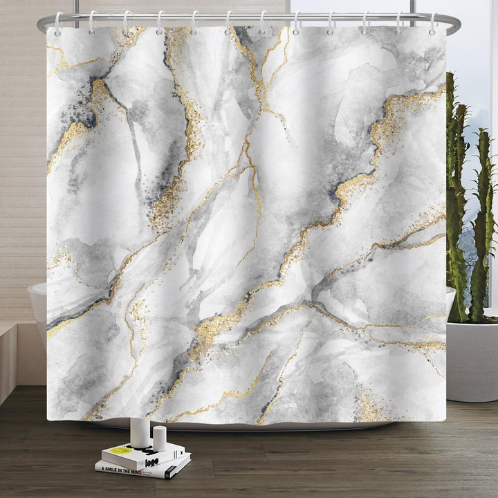 Cortina de dus cu model marmura 3D, gri si auriu, impermeabila, lavabila la masina, 180x200cm, set
