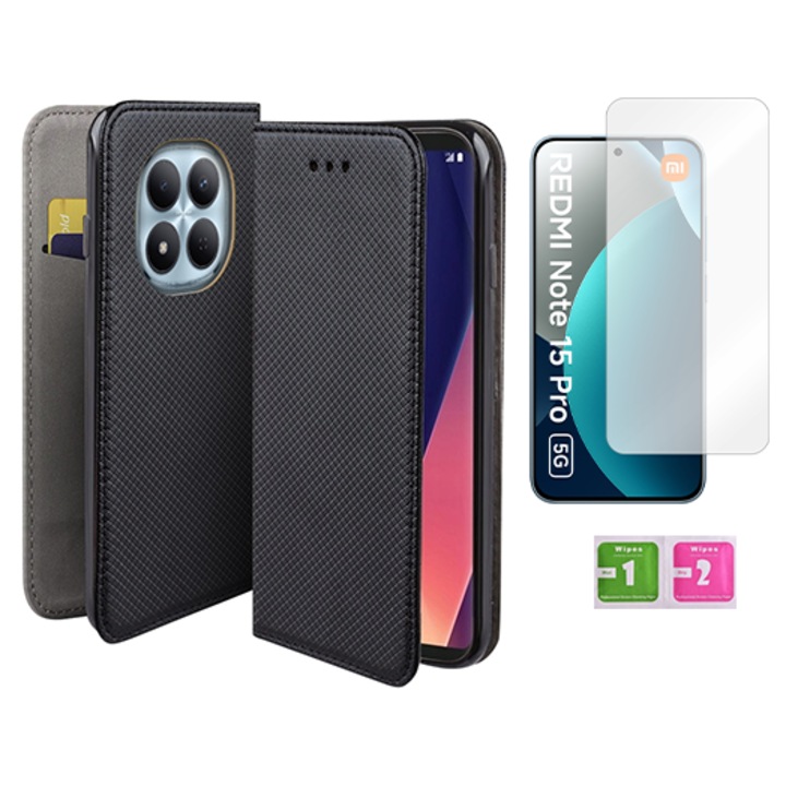 Etui cu clapa pentru Samsung Galaxy A12 M12, negru, cu magnet si sticla 9H inclusa