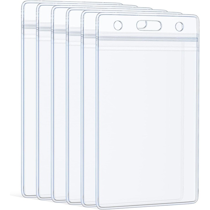 Set 6 suporturi documente transparente, rezistente la apa, cu fermoar reutilizabil, pentru carduri de afaceri, ID-uri studentesti si carduri de credit.