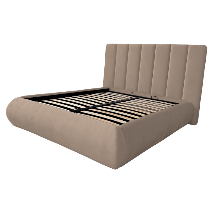 Pat tapitat, cu spatiu de depozitare si somiera rabatabila, Oro, crem, R12, 180x200 cm