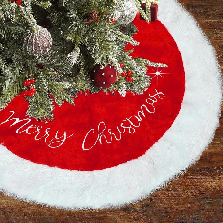 Funda de brad de Craciun din blana artificiala alba, 90cm, cu deschideri pentru ornamente, set decorativ