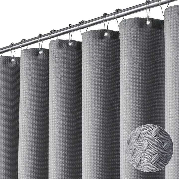 Cortina de dus din poliester cu model waffle, impermeabil, set cu inele metalice, 180x200cm, gri