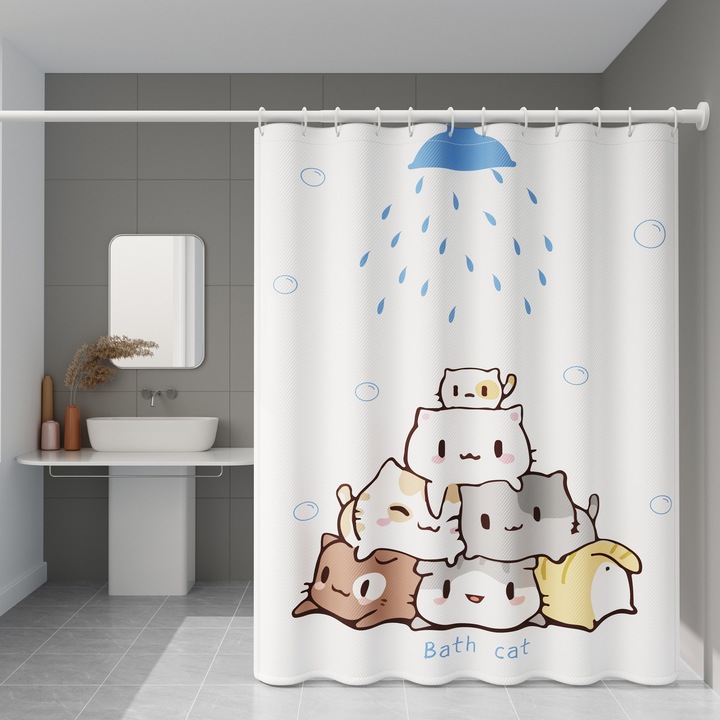 Cortina de dus transparenta cu design pisica, impermeabila, 180x180cm, set cu carlige
