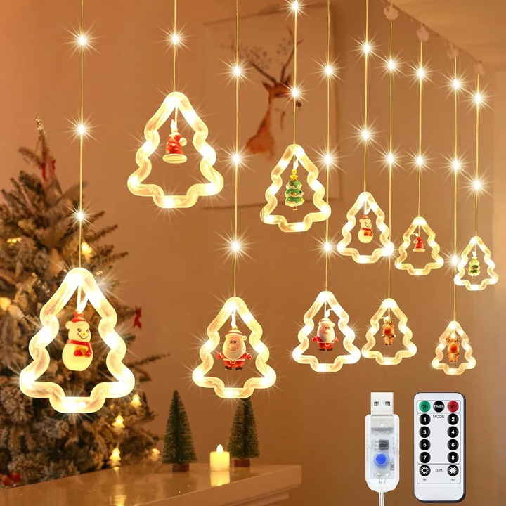 Cortina lumini decorative de Craciun, 3 metri, 10 decoratiuni, 8 moduri de iluminare, alb cald, pentru interior si exterior