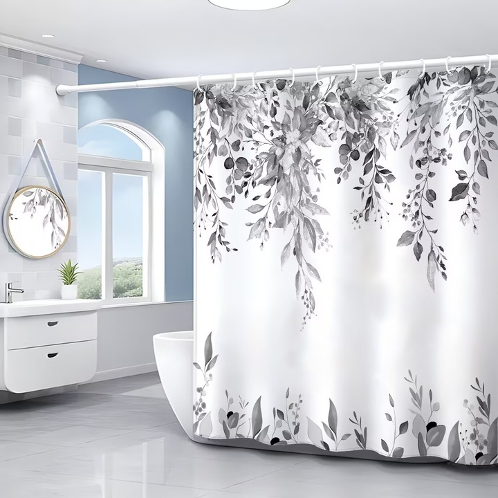 Cortina de dus cu model de eucalipt gri, 180x180cm, material poliester impermeabil