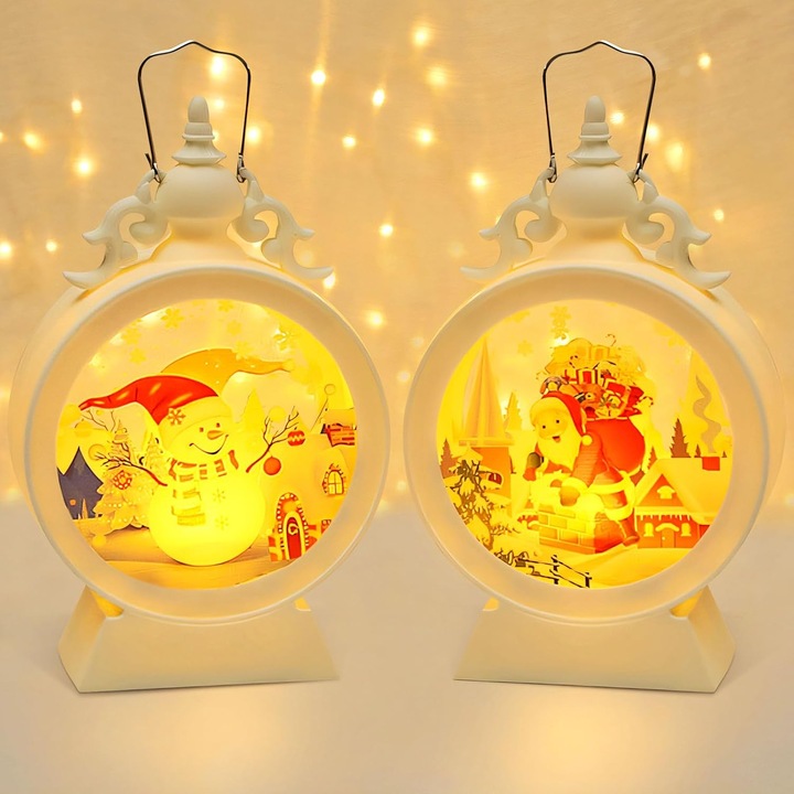 Set de 2 lumini decorative de Craciun, lanterne cu LED alb cald, decoratiuni de Craciun pentru interior si exterior, 15.5x9cm