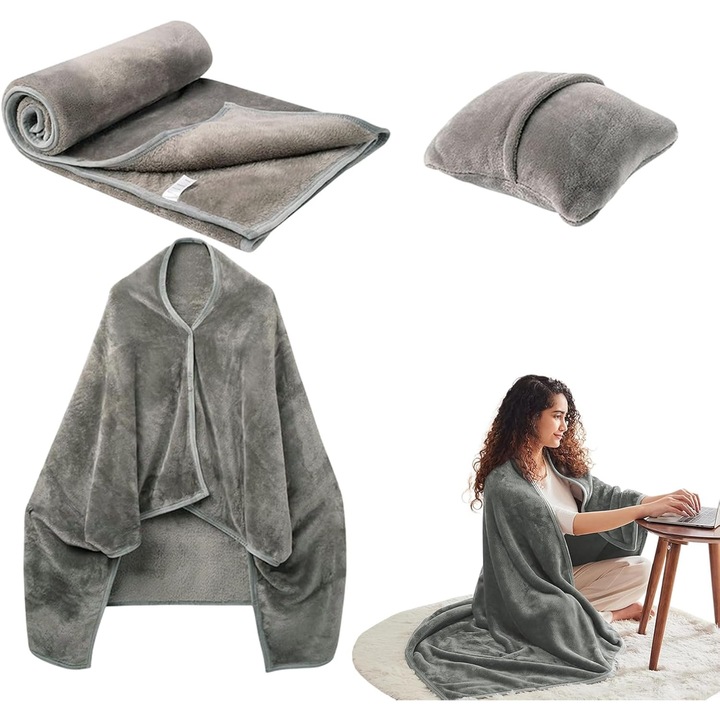 Set patura si perna calatorie, patura compacta, poncho adult, poliester, multicolor