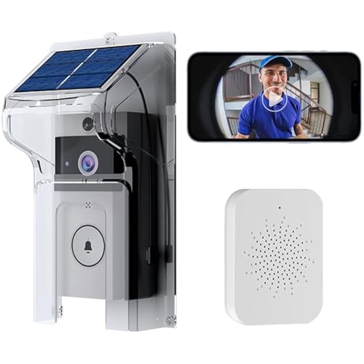 Sonerie electrica fara fir cu camera, alimentare solara, rezistenta la apa, autonomie extinsa, instalare usoara