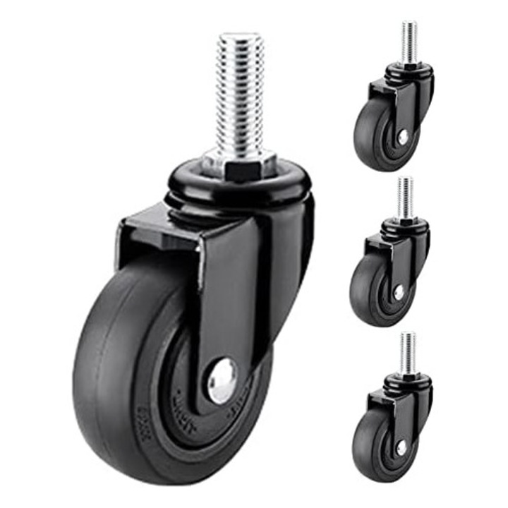 Set de 4 roti din cauciuc, cu filet, pentru mobilier, rotire 360°, rezistente la impact, culoare neagra