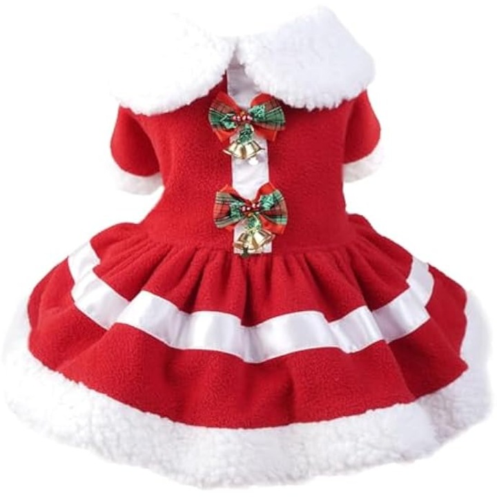 Costum de Craciun pentru caini si pisici, cu fundite rosii, marime M, din fleece, calduros si confortabil