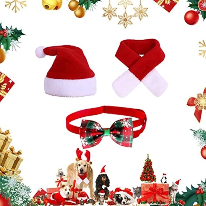 Set costum de Craciun pentru animale de companie, palarie si fular, 20-36cm, multicolor, M