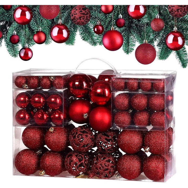 Set globuri de Craciun, 100 bucati, rosii, aspect mat, efect stralucitor