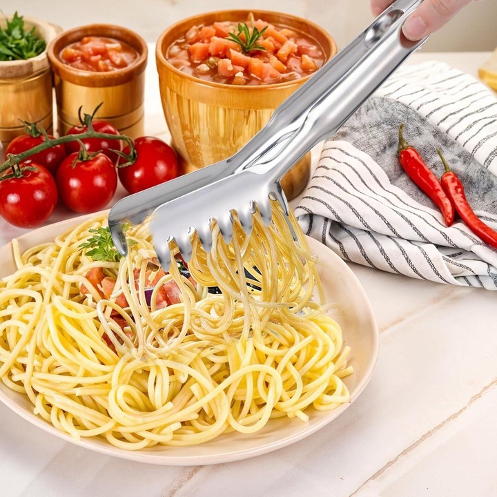 Polonic din inox 28cm, clesti pentru paste, rezistenti la caldura, usor de curatat