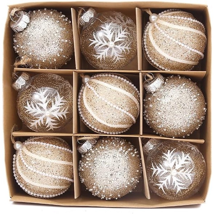 Set globuri de Craciun, 9 piese, 8cm, champagne, finisaje lucioase si mate