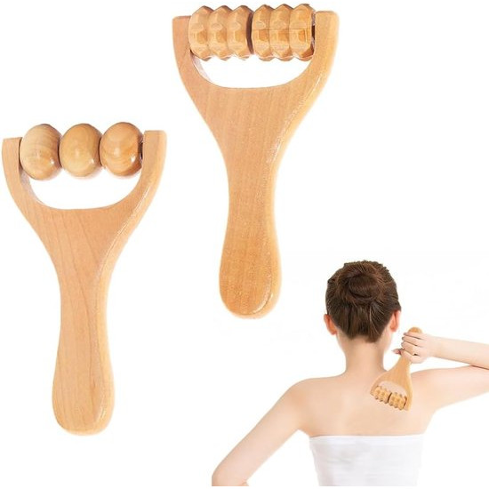 Role de masaj din lemn cu manere, set de 2 bucati, multifunctional, compact, usor