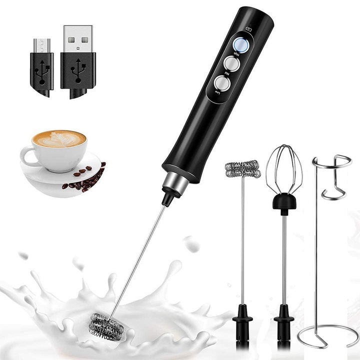 Frother de lapte electric, USB reincarcabil, pentru cafea, ciocolata calda, cappuccino, cu suport