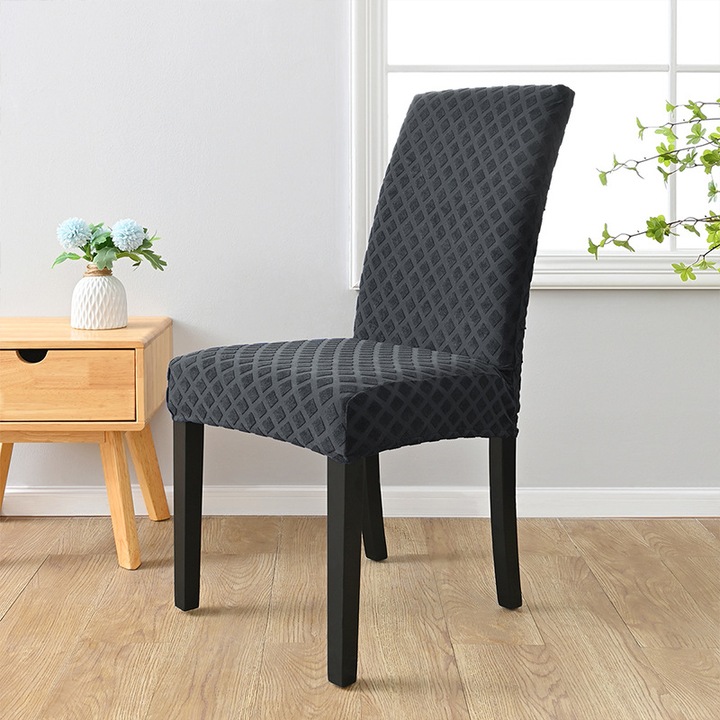 Husa scaun elastic inalt Jacquard, model diamant, colorat gri inchis, set cu husa pentru perna de sezut
