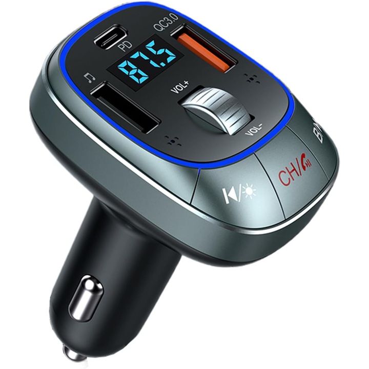 Adaptor auto wireless, transmisie FM, incarcare rapida, player muzical, 5.0, multicolor