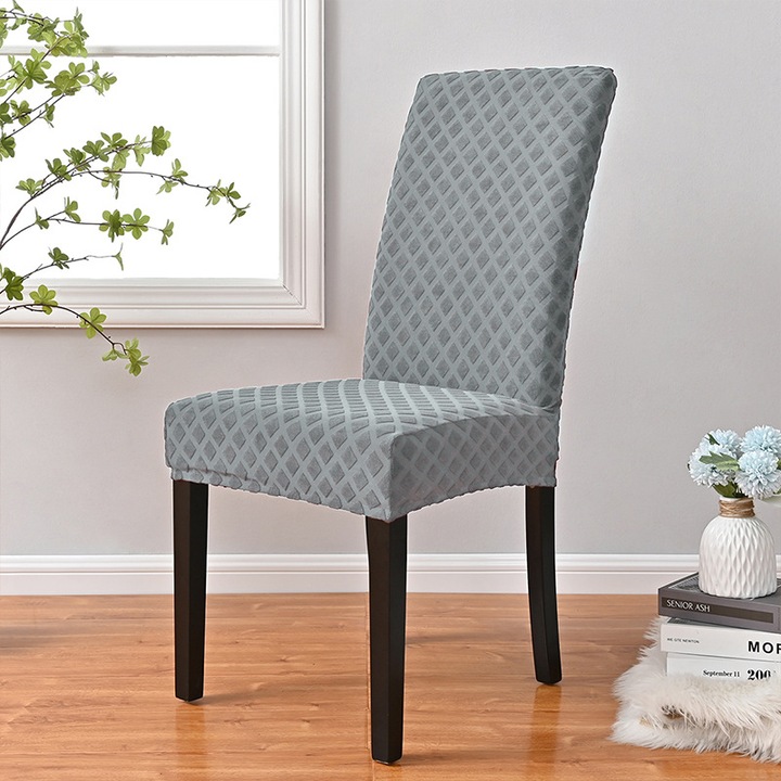 Husa scaun elastic inalt, model diamant, gri, set pentru scaune de dining