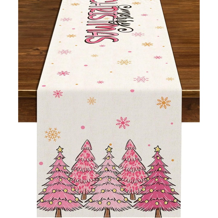Fata de masa roz pentru Craciun, 33x183cm, decorare petrecere de iarna