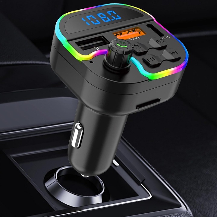 Transmitator FM auto, adaptor de incarcare, redare audio MP3/WMA, conectivitate wireless, lumini colorate