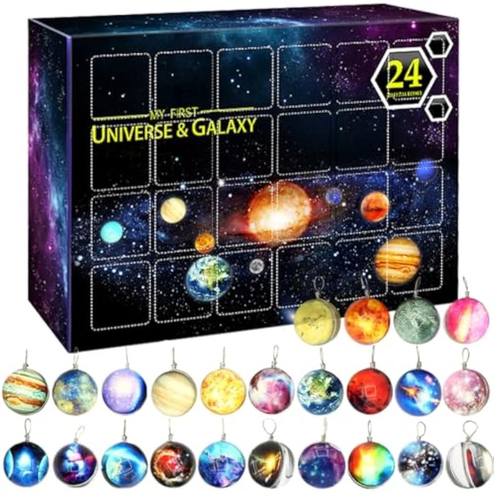 Calendar de Advent 2025, 24 zile, decoratiuni tematice cu planete, Craciun, set