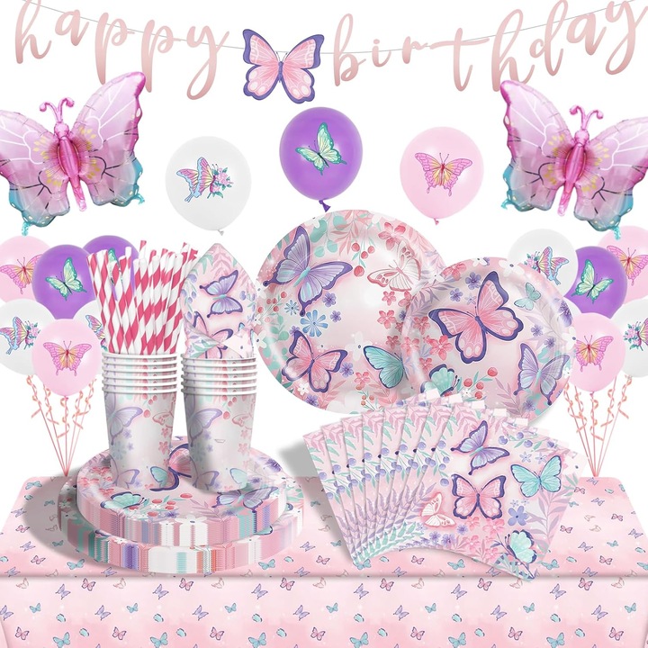 Set Petrecere Tematica Sirena si Fluture, Irizant, Decoratiuni Zi de Nastere Copii, cu Baloane, Farfurii, Pahare, Servetele si Paie, Accesorii Masa pentru Aniversare, Nunta sau Evenimente