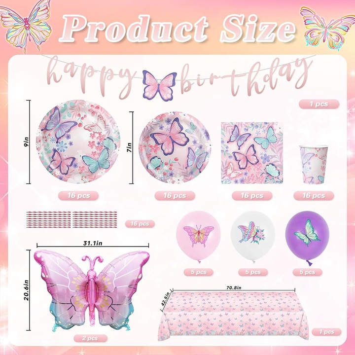 Set Petrecere Tematica Sirena si Fluture, Irizant, Decoratiuni Zi de Nastere Copii, cu Baloane, Farfurii, Pahare, Servetele si Paie, Accesorii Masa pentru Aniversare, Nunta sau Evenimente