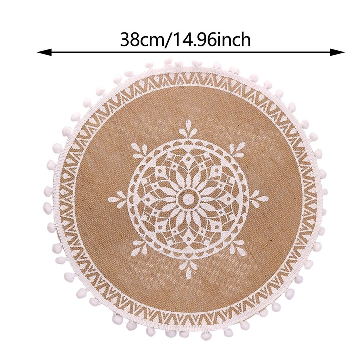 Set de 5 suporturi de masa din jute cu pom-pom, 38x38cm, ecologice, retro