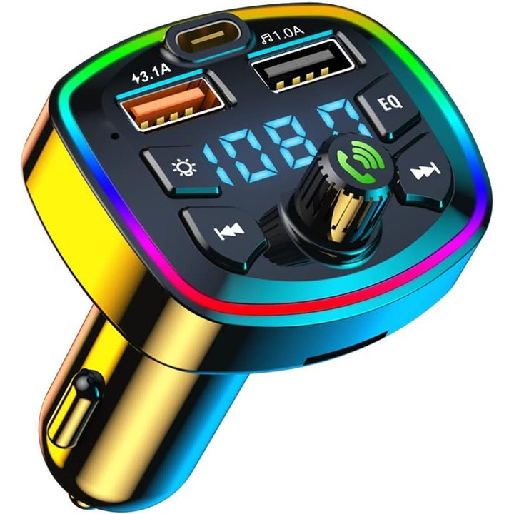 Transmitator FM Bluetooth, MP3 player, suport incarcare rapida, 2 USB, apeluri hands-free, iluminare LED, compatibilitate 12-24V