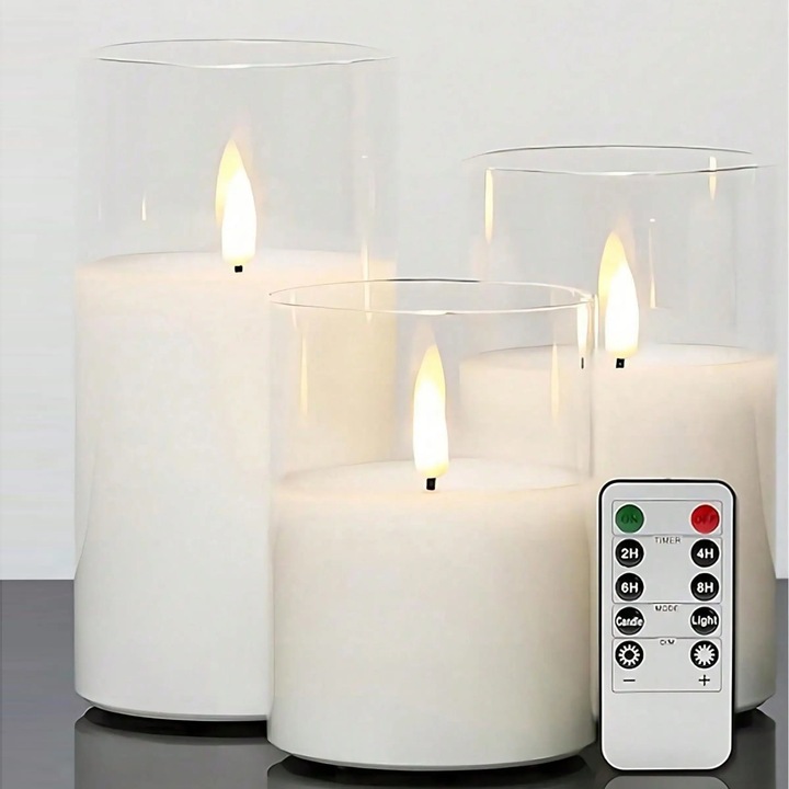 Set de 3 lumanari LED cu telecomanda, alb pur, design rezistent la apa, fara flacara