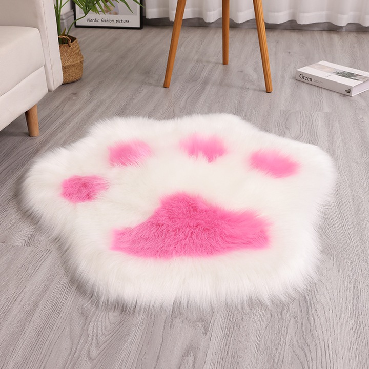 Covor in forma de laba de pisica, material plus artificial, alb cu rosu, 45x45cm