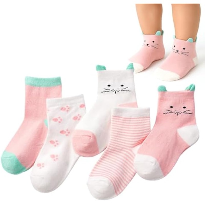 Set 5 perechi sosete din bumbac pentru bebelusi, design cu fete de pisica si dungi, 0-1 an, multicolor